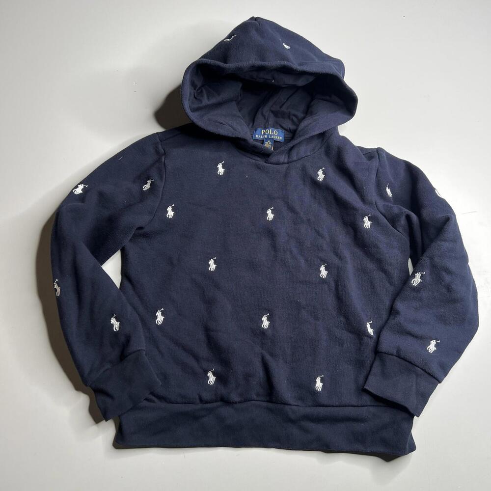 Polo Ralph Lauren Hoodie Boys 10-12 Blue Fleece Allover Pony Logo Pullover